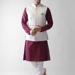 KISAH Men White & Maroon Regular Kurta with Pyjamas & Jacket-27
