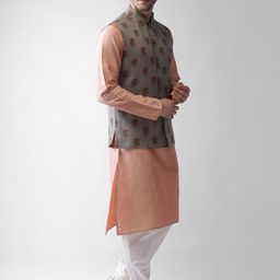 KISAH Men Khaki & Pink Regular Kurta with Pyjamas & Jacket-20
