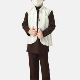 Muffin Shuffin Boys Brown Kurta & Pyjamas with Nehru Jacket & Mask-17
