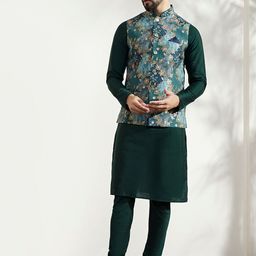 KISAH Mandarin Collar Straight Kurta With Churidar & Nehru Jacket-image-34