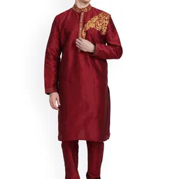 Enciger Men Red Thread Work Dupion Silk Kurta with Pyjamas image 1