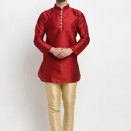 Benstoke Men Maroon Yoke Design Layered Dupion Silk Kurta with Pyjamas set-picture-48