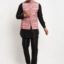 Benstoke Men Black Dupion Silk Kurta With Pyjamas & With Nehru Jacket image 1