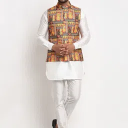 Benstoke Men White Ethnic Motifs Printed Layered Dupion Silk Kurta with Pyjamas-picture-33