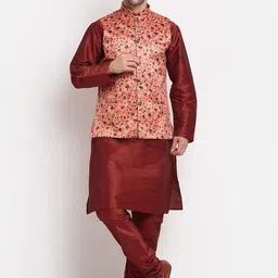 KRAFT INDIA Men Maroon Kurta & Churidar with Printed Nehru Jacket-picture-43