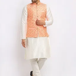 KRAFT INDIA Men Cream-Coloured Kurta & Churidar with Embroidered Nehru Jacket-image-70