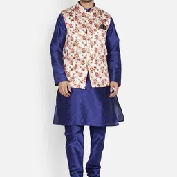 Armaan Ethnic Men Blue Dupion Silk Kurta with Pyjamas & With Nehru Jacket-picture-8