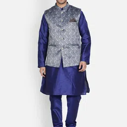 Armaan Ethnic Men Blue & Grey Layered Dupion Silk Kurta with Pyjamas & Nehru Coat-40