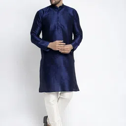 Jompers Men Navy Blue Dupion Silk Kurta with Pyjama-picture-3