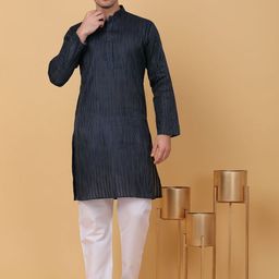 KRAFT INDIA Striped Thread Work Mandarin Collar Regular Pure Cotton Kurta with Pyjamas-picture-8