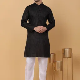KRAFT INDIA Striped Mandarin Collar Pure Cotton Straight Kurta with Pyjamas-image-45