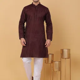 KRAFT INDIA Striped Mandarin Collar Straight Kurta with Pyjamas-image-12