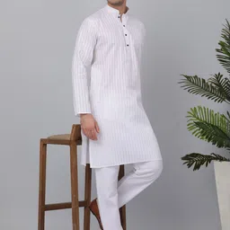 KRAFT INDIA Striped Thread Work Mandarin Collar Regular Pure Cotton Kurta with Pyjamas-picture-7