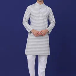 KRAFT INDIA Striped Mandarin Collar Regular Pure Cotton Kurta with Pyjamas-picture-35