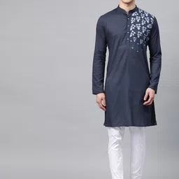 See Designs Men Navy Blue Floral Yoke Design Thread Work Pure Cotton Kurta with Pyjamas-picture-12