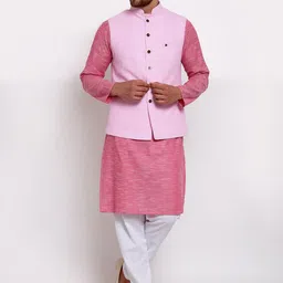 MOHANLAL SONS Men Pink Pure Cotton Kurta with Churidar & Nehru Jacket-55