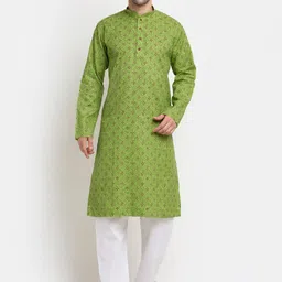 KRAFT INDIA Men Green Angrakha Pure Cotton Kurta with Pyjamas-picture-49