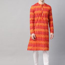 See Designs Men Orange Ikat Printed Pure Cotton Kurta with Pyjamas-picture-35
