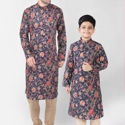 TABARD Men Blue Floral Printed Pure Cotton Kurta with Pyjamas-image-75