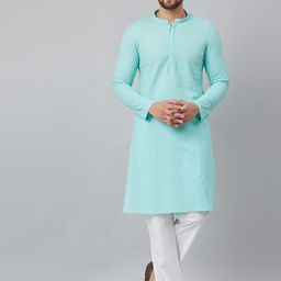 See Designs Men Turquoise Blue Pure Cotton Kurta with Pyjamas-image-89