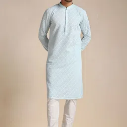 Manyavar Men Mandarin Collar Embroidered Kurta with Pyjamas-image-41