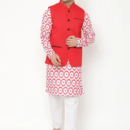 Hangup Men Red Printed Kurta with Pyjamas & Nehru Jacket-picture-1