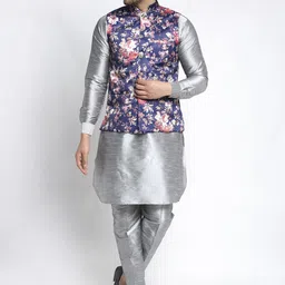Kaifoo Men Silver Kurta with Pyjamas & Printed Nehru Jacket-image-73