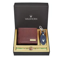 WildHorn Maroon Genuine Leather Wallet and Blue Keychain with Rakhi Combo Gift Set-image-99