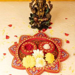 Ekhasa Red & Yellow Printed Flower Shape Wooden Pooja Thali-image-23