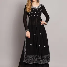 Poshak Hub Floral Embroidered High Slit Kurta With Sharara-picture-35