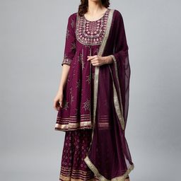 InWeave Women Purple Bandhani Printed Kurta with Sharara & With Dupatta-15