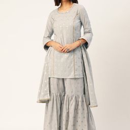 HERE&NOW Women Grey Floral Printed Panelled Gotta Patti Pure Cotton Kurti with Sharara & With Dupatta-image-72