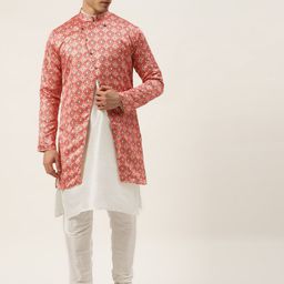 SOJANYA Men Off White Solid Kurta with Churidar & Jacket-15