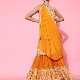 STREET 9 Women Mustard Yellow Embroidered Panelled Kurti with Skirt & With Dupatta-image-12