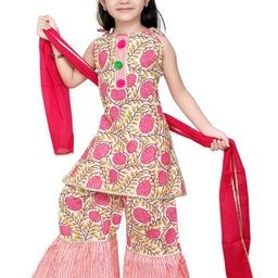 LIL PITAARA Girls Pink Floral Printed Pure Cotton Kurti with Sharara & With Dupatta-image-45