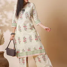 Globus Floral Printed Regular Kantha Work Pure Cotton Straight Kurta with Palazzos-31