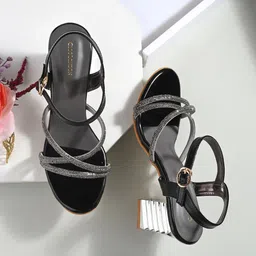CLOG LONDON Embellished Open Toe Block Heels with Buckles-10