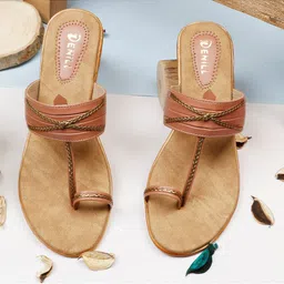 Denill Peach-Coloured & Rose Gold-Toned Braided Woven Design One-Toe Wedges-39
