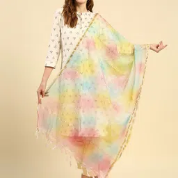Dupatta Bazaar Cream-Coloured & Pink Printed Tie and Dye Rainbow Hued Dupatta-33