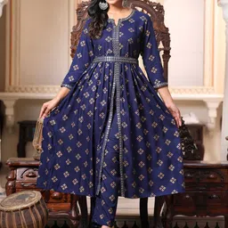 NNAVDHA Women Floral Printed Regular Kurta with Trousers-14