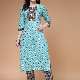 Indibelle Ethnic Motif Printed Regular Pure Cotton Straight Kurta with Trousers-45