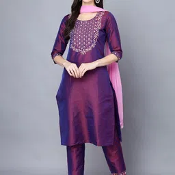 Subh LAXMI Floral Embroidered Round Neck Regular Straight Kurta With Trousers & Dupatta-24