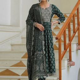 Rangeelo Bandhani Printed Thread Work Anarkali Kurta & Trousers With Dupatta-10