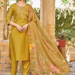 KALINI Women Floral Embroidered Regular Sequinned Kurta with Trousers & With Dupatta-image-41