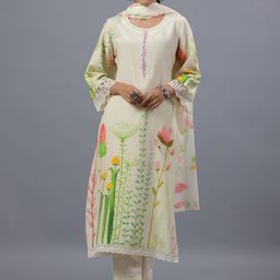 Amchoor Floral Printed Sequinned Dupion Silk Kurta With Trousers & Dupatta-2