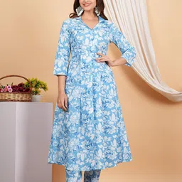 KALINI Floral Printed V Neck Three-Quarter Sleeves Pure Cotton Kurta With Pant Set-picture-29