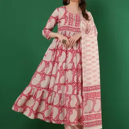 GLAM ROOTS Paisley Printed Empire Pure Cotton Anarkali Kurta with Trousers & Dupatta-image-25