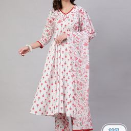 Mizaz Floral Printed Anarkali Pure Cotton Kurta with Trousers & Dupatta-image-23