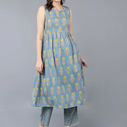 AHIKA Blue And Mustard Floral Printed Pure Cotton Gotta Patti Kurta with Trousers-47