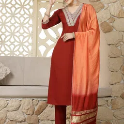 Stylum Rust Brown Floral Yoke Design Thread Work Straight Kurta & Trousers With Dupatta-image-6